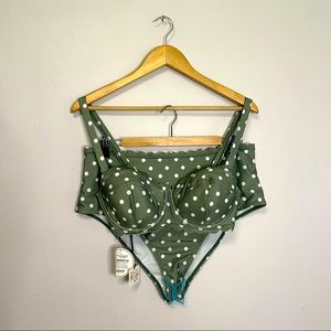 NWT Peek A Beau Two Piece Bikini Swimsuit Swimwear Green and White Polka Dot